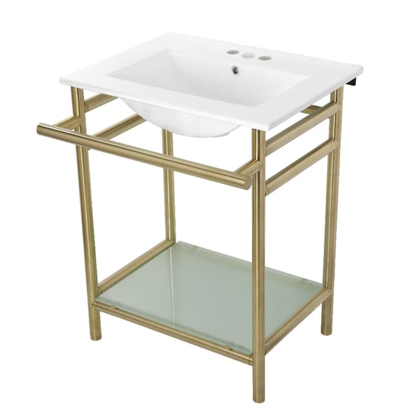 Kingston Brass VPB24187W47 24-Inch Ceramic Console Sink (4-Inch, 3-Hole), White/Brushed Brass VPB24187W47 - main